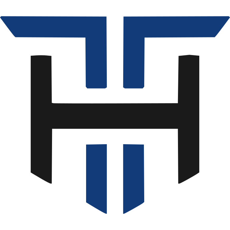 Tom Harker logo: a blue T set over a black H